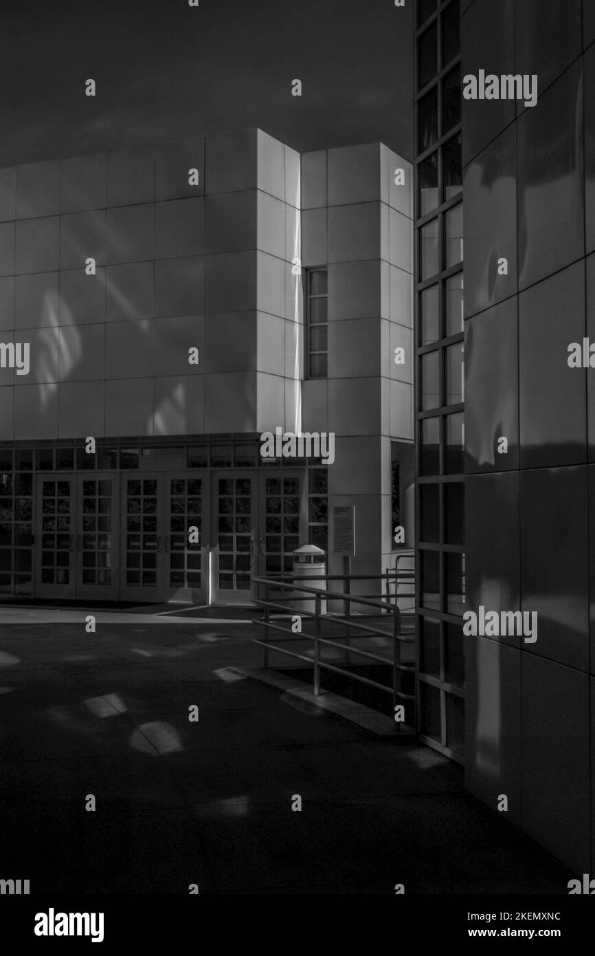 A vertical grayscale shot of glazed modern buildings in Atlanta Stock ...