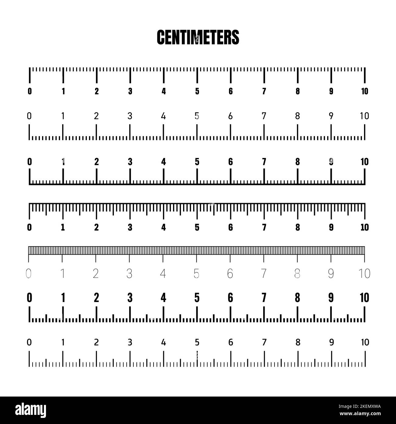 Realistic black centimeter scale for measuring length or height. Various measurement scales with divisions. Ruler, tape measure marks, size indicators Stock Vector