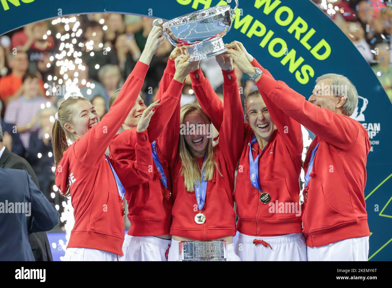 The Switzerland team celebrate with the trophy after their Billy Jean