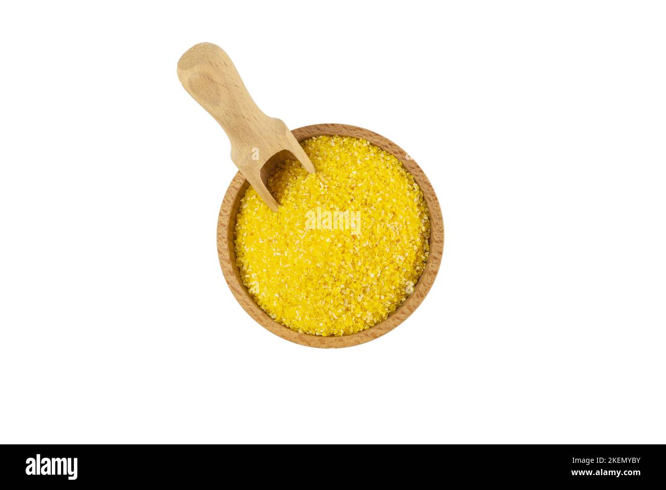 corn grits in wooden bowl and scoop isolated on white background
