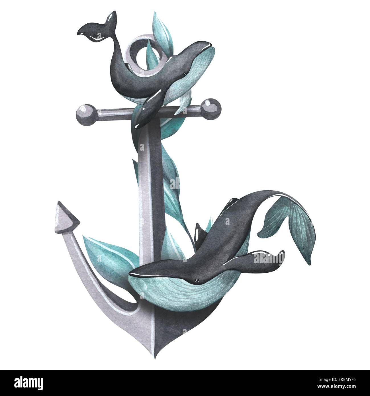 a-black-metallic-sea-anchor-with-turquoise-algae-and-whales-watercolor