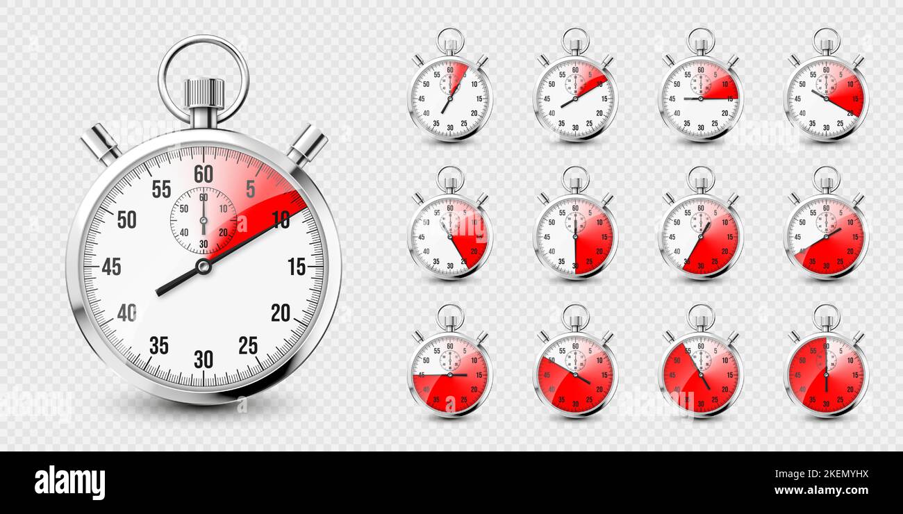Realistic classic stopwatch icons. Shiny metal chronometer, time ...