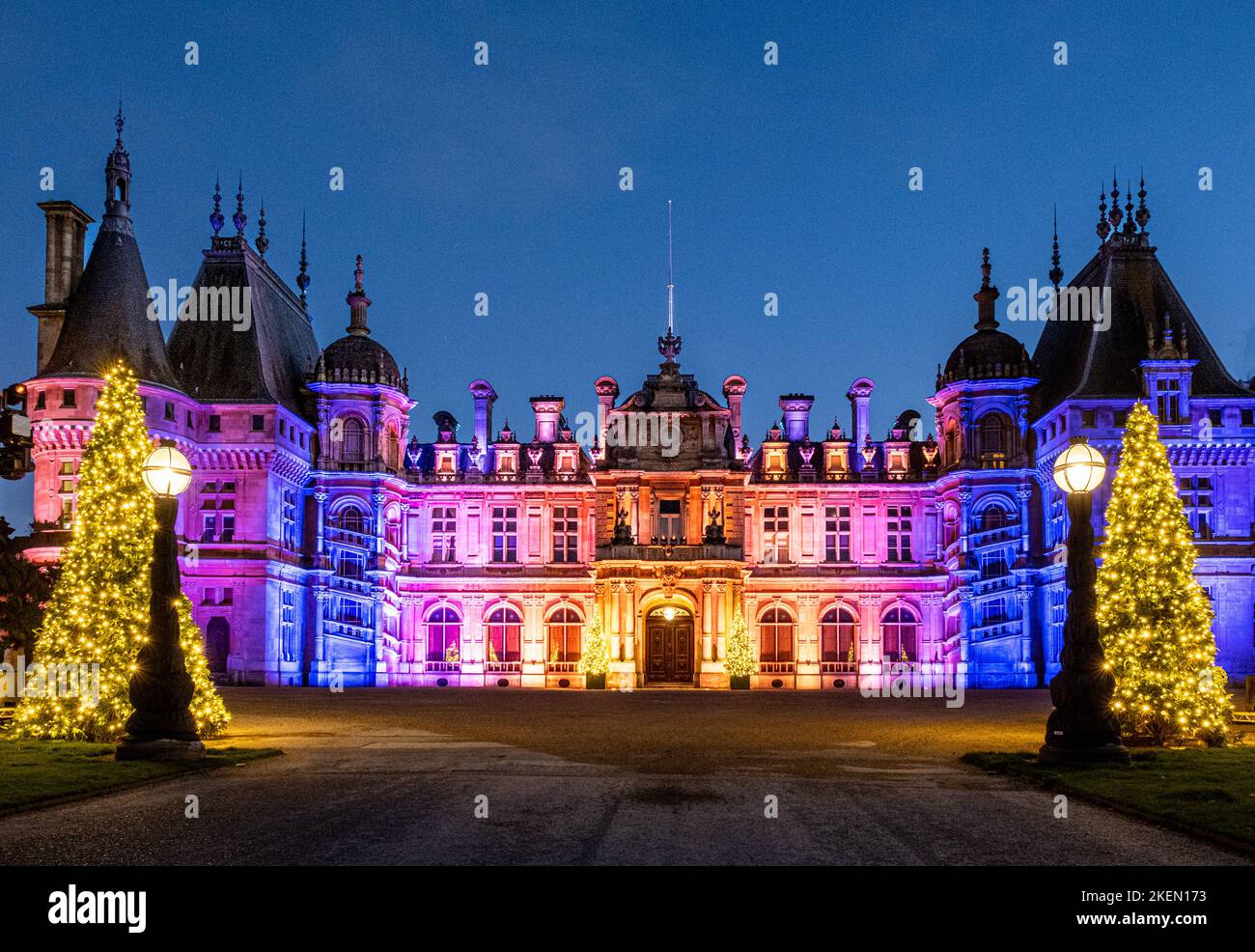Waddesdon Manor illuminated with winter lights for Christmas Stock