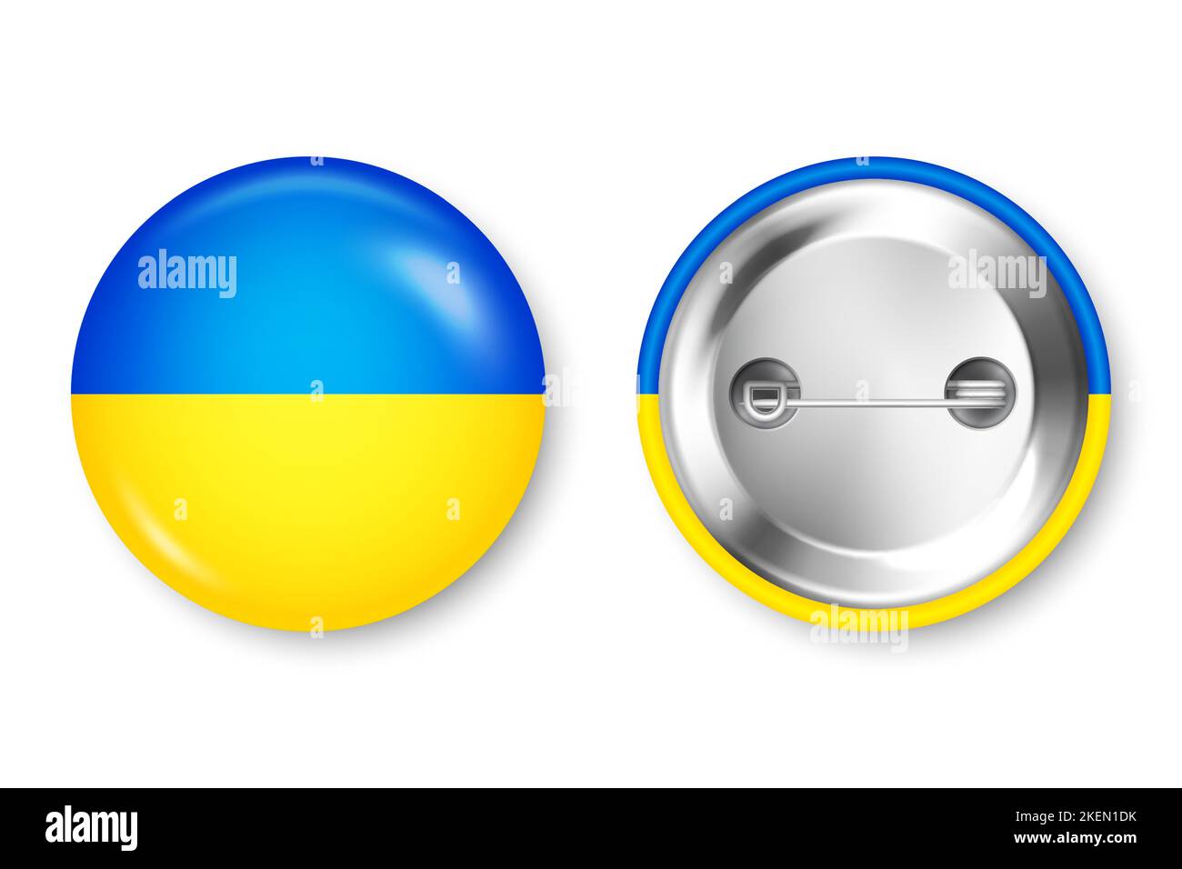 Realistic button badge with printed Ukrainian flag. Souvenir from