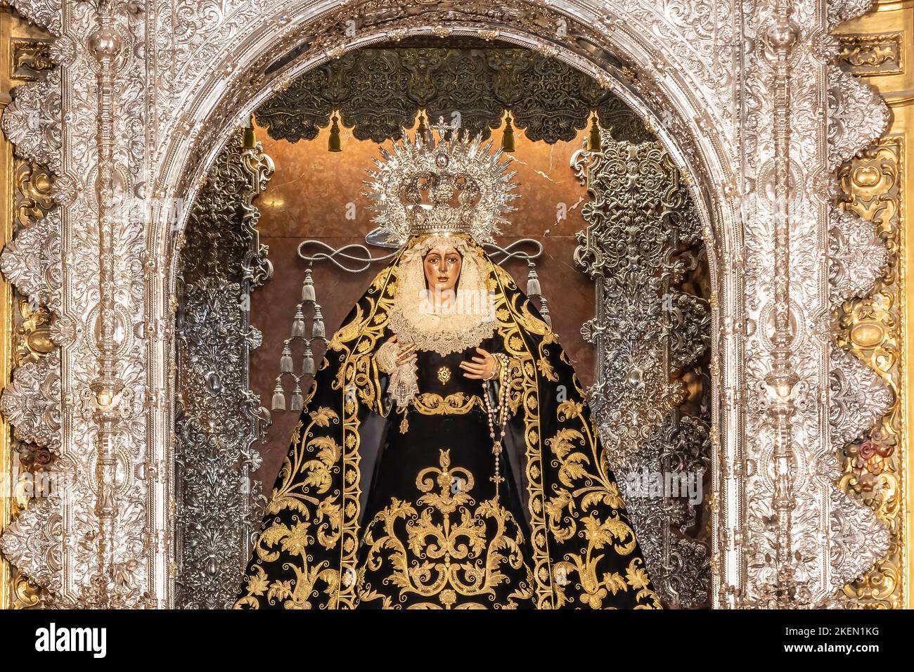 The Virgin of Hope of Macarena, Virgen de la Esperanza de Macarena de Sevilla, La Macarena, Catholic Blessed Virgin Mary, inside Basilica de la Macare Stock Photo