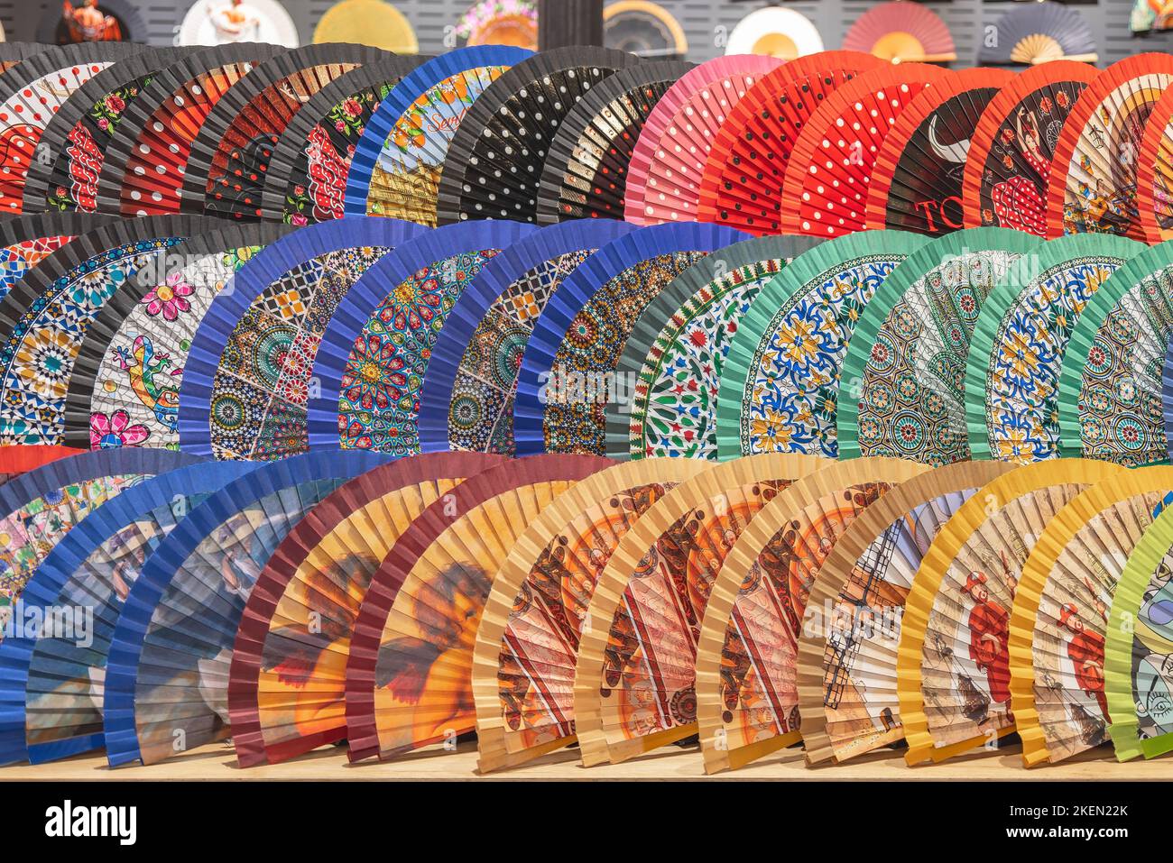 Exhibition of decorated hand fans for decoration and tourism souvenir Stock Photo