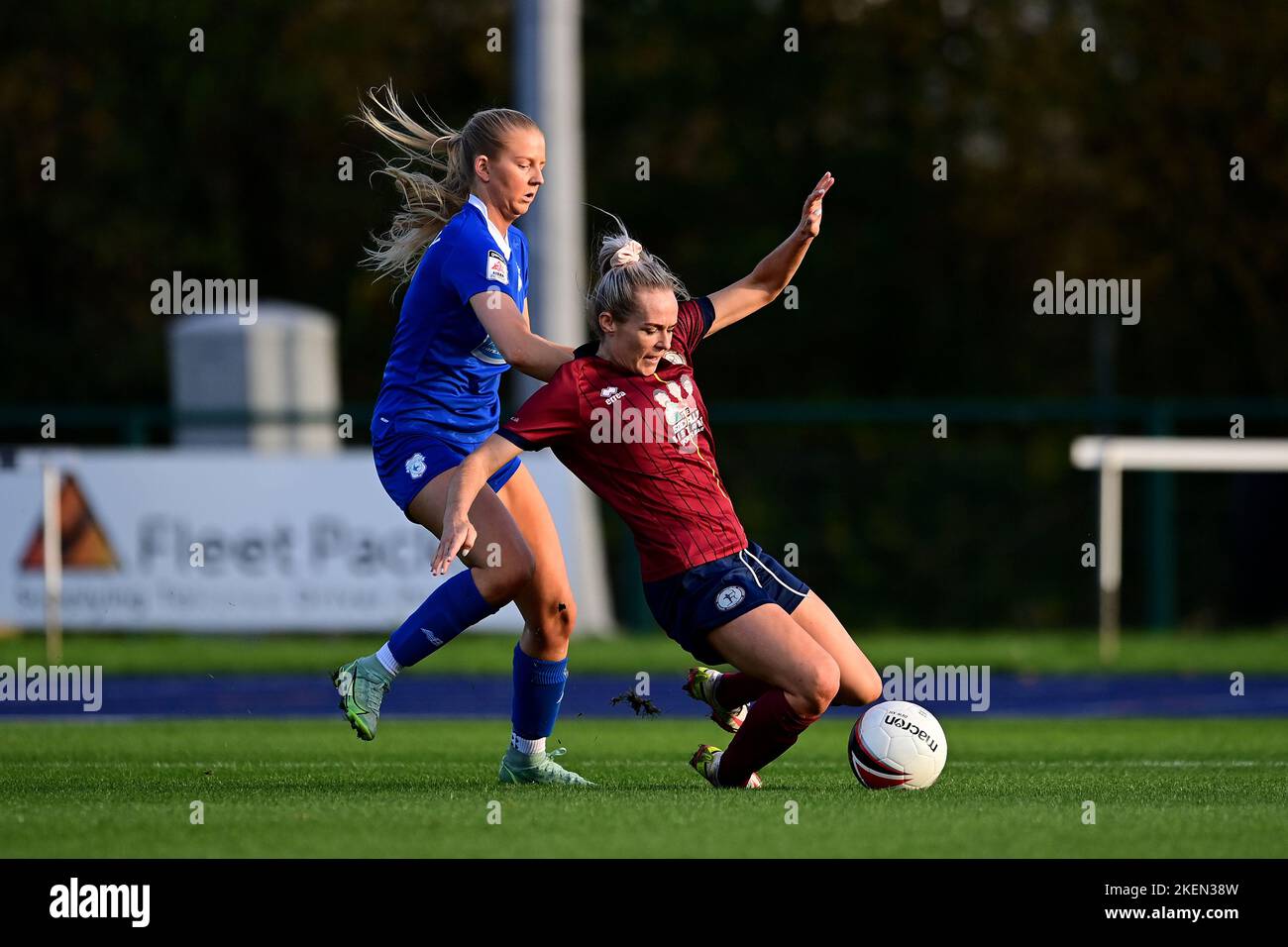 Cardiff, UK. 13th Nov, 2022. Rhianne Oakley of Cardiff City Women's vies for possession with Robyn Pinder of Cardiff Met WFC - Mandatory by-line Credit: Ashley Crowden/Alamy Live News Stock Photo
