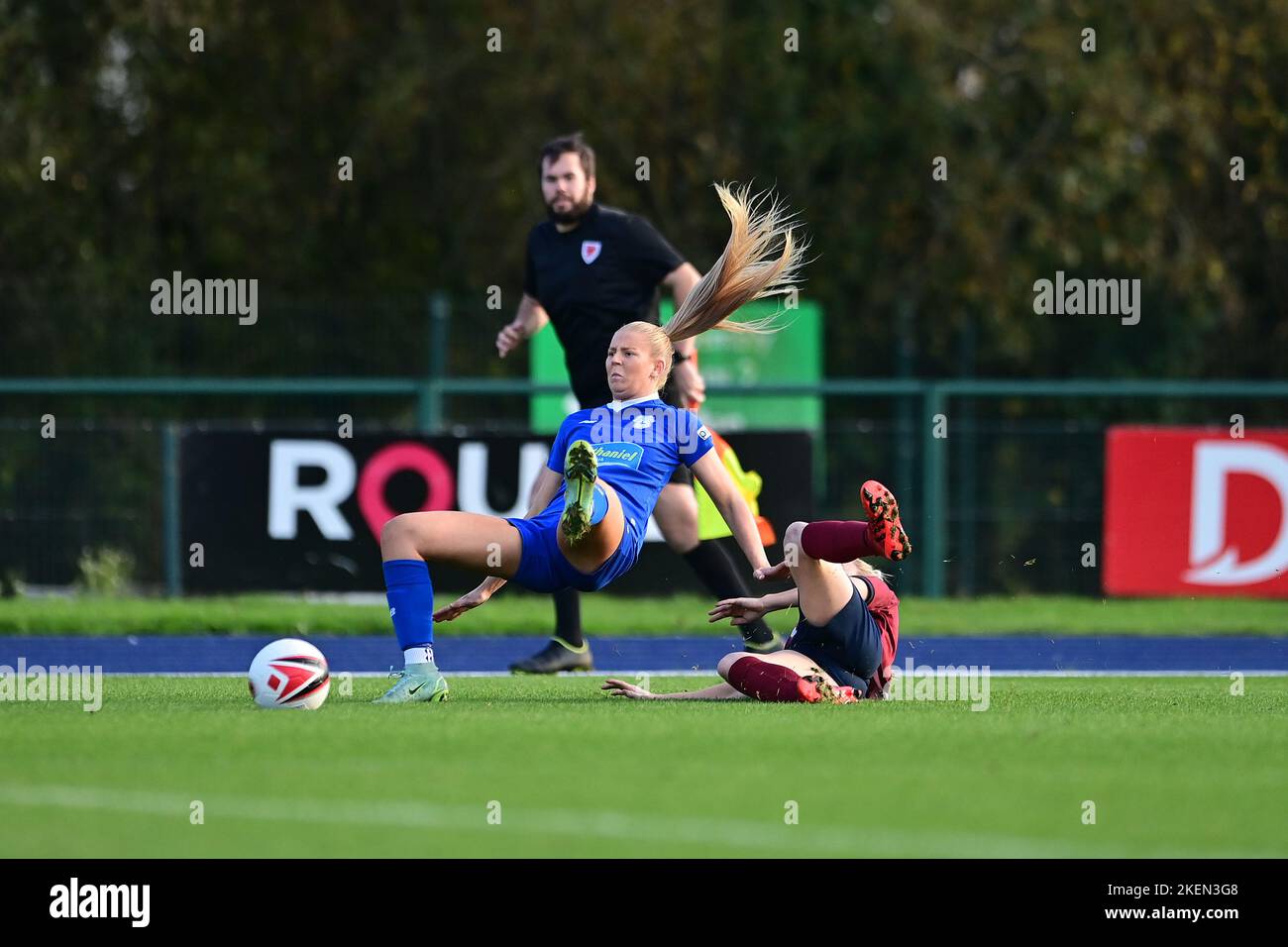 Cardiff, UK. 13th Nov, 2022. Rhianne Oakley of Cardiff City Women's is tackled by Tija Richardson of Cardiff Met WFC - Mandatory by-line Credit: Ashley Crowden/Alamy Live News Stock Photo