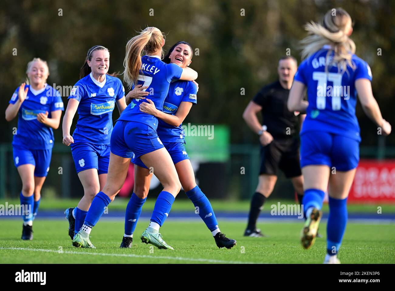 Cardiff, UK. 13th Nov, 2022. Danielle Broadhurst of Cardiff City Women's celebrates scoring her side's third goal - Mandatory by-line Credit: Ashley Crowden/Alamy Live News Stock Photo