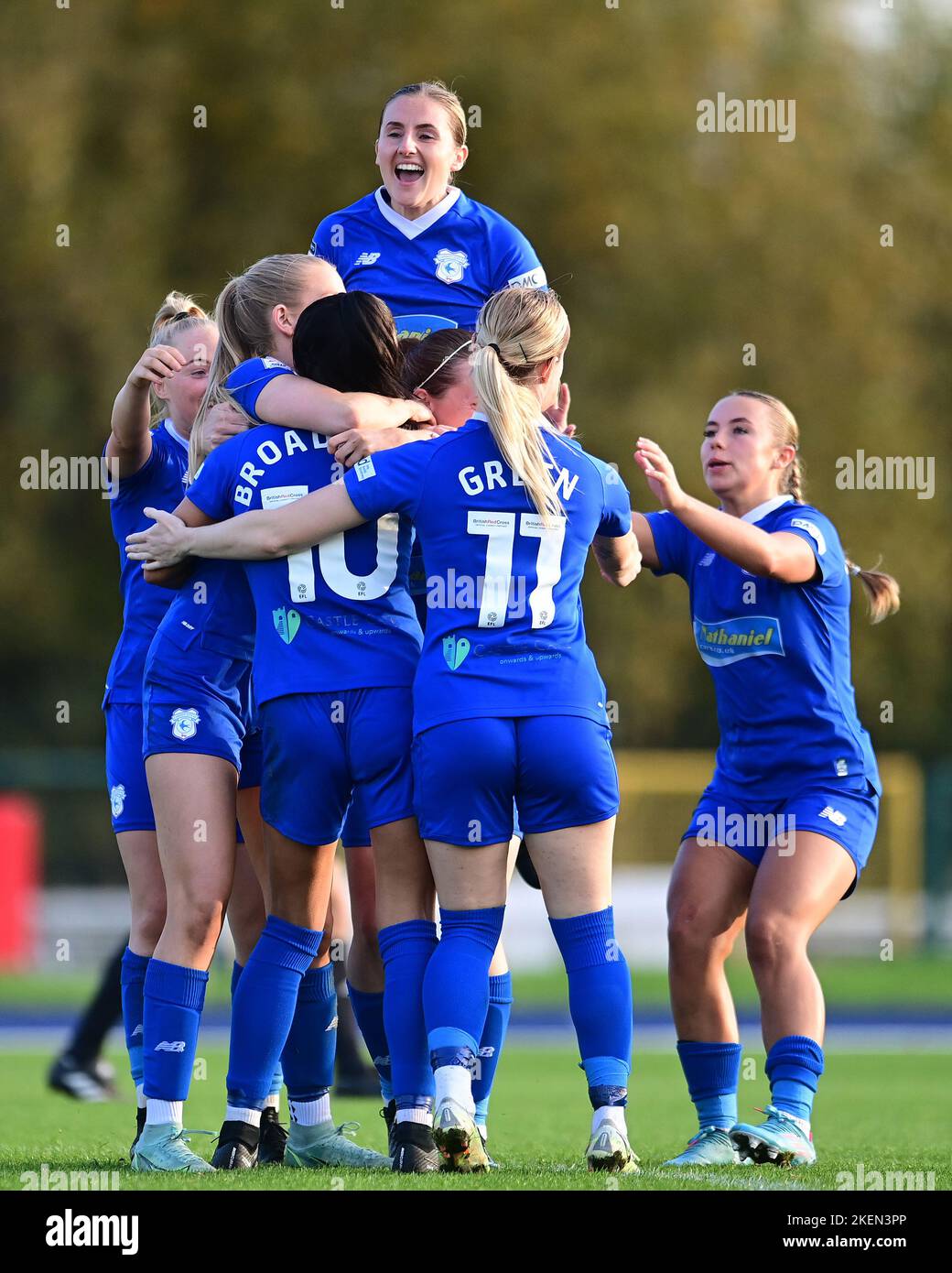Cardiff, UK. 13th Nov, 2022. Danielle Broadhurst of Cardiff City Women's celebrates scoring her side's third goal with team mates - Mandatory by-line Credit: Ashley Crowden/Alamy Live News Stock Photo