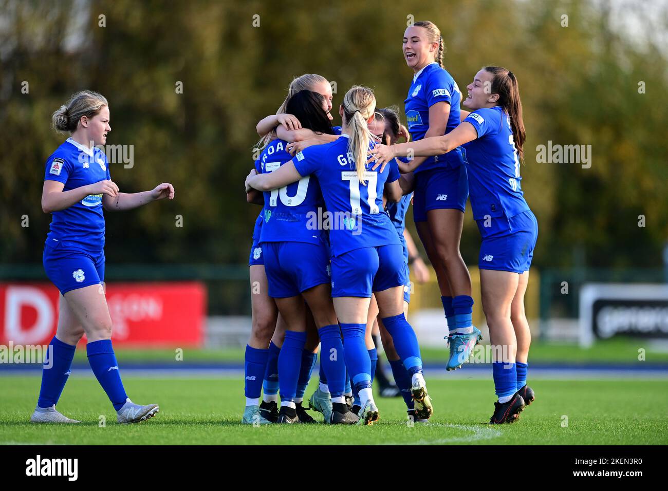 Cardiff, UK. 13th Nov, 2022. Danielle Broadhurst of Cardiff City Women's celebrates scoring her side's third goal with team mates - Mandatory by-line Credit: Ashley Crowden/Alamy Live News Stock Photo