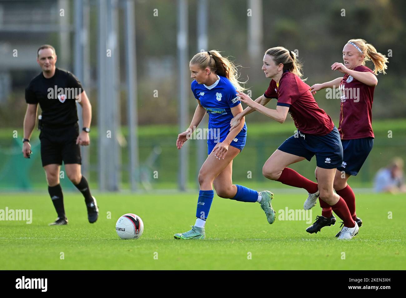 Cardiff, UK. 13th Nov, 2022. Rhianne Oakley of Cardiff City Women's under pressure from Jessica Westhoff of Cardiff Met WFC - Mandatory by-line Credit: Ashley Crowden/Alamy Live News Stock Photo