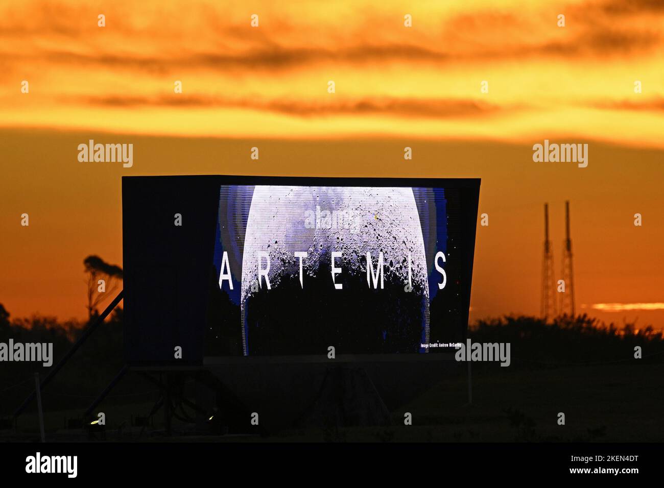 Kennedy Space Center, United States. 13th Nov, 2022. The Countdown Clock stands at sunrise at the LC 39 Press Site at the Kennedy Space Center, Florida on Sunday, November 13, 2022. NASA is preparing the rocket to launch on the maiden flight of NASA's Artemis program. Photo by Joe Marino/UPI Credit: UPI/Alamy Live News Stock Photo