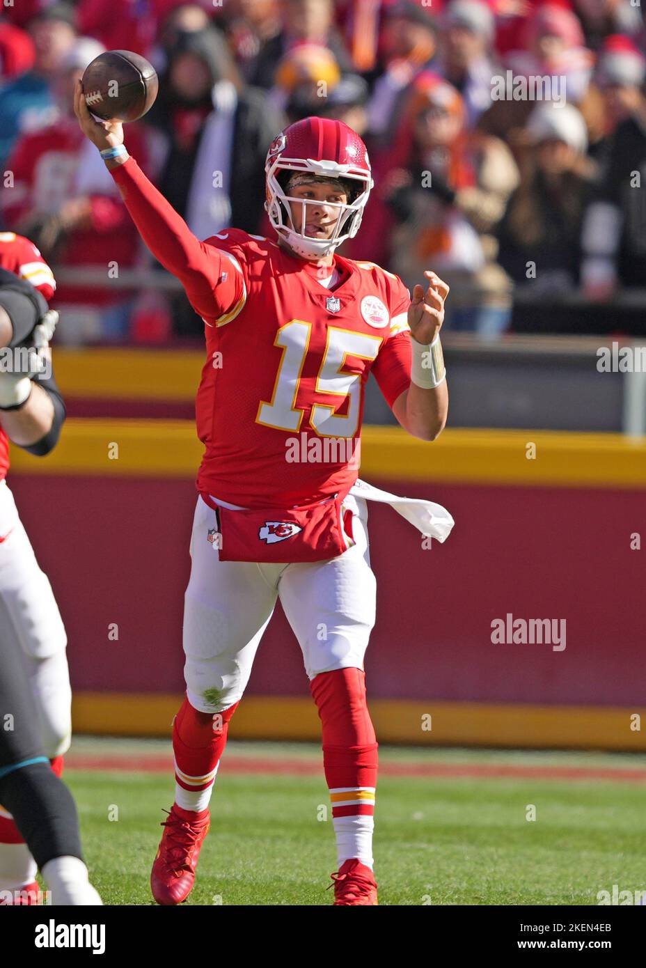 Kansas City, United States. 24th Dec, 2022. Kansas City Chiefs quarterback  Patrick Mahomes (15) fires up the crowd pre game at Arrowhead Stadium in  Kansas City, Missouri on Saturday, December 24, 2022.