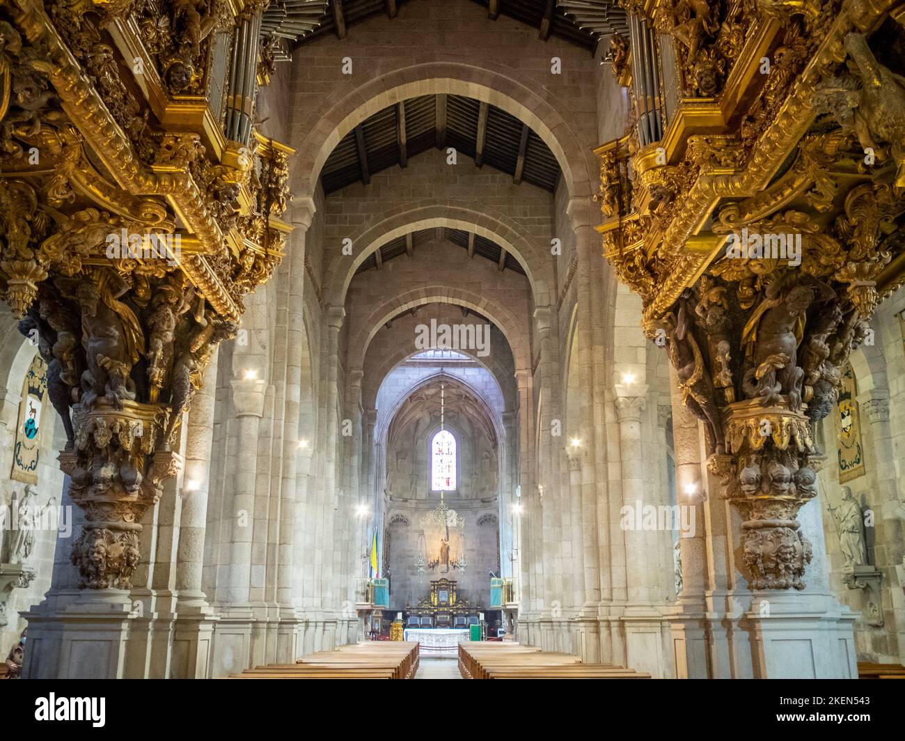 Braga Cathedral main nave looking towards the high altar from below the pipe organs Stock Photo