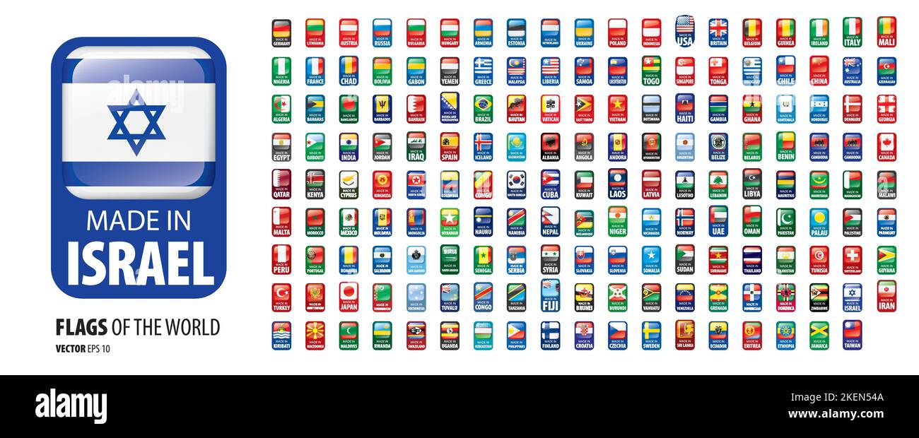 A set of vector icons with flags of countries and with the inscription ...