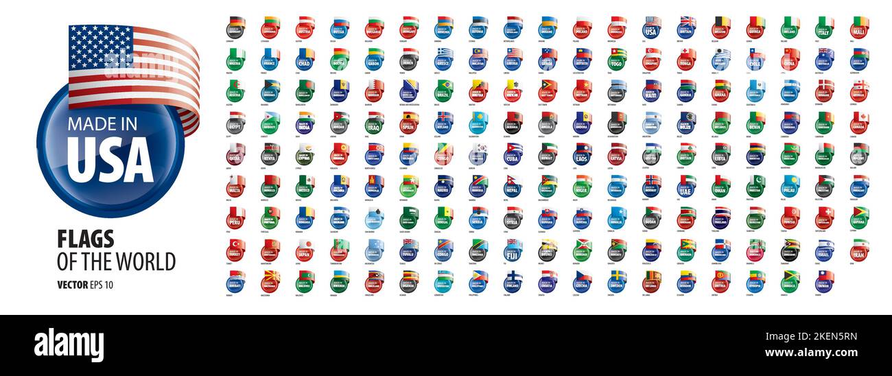 A set of vector icons with flags of countries and with the inscription ...