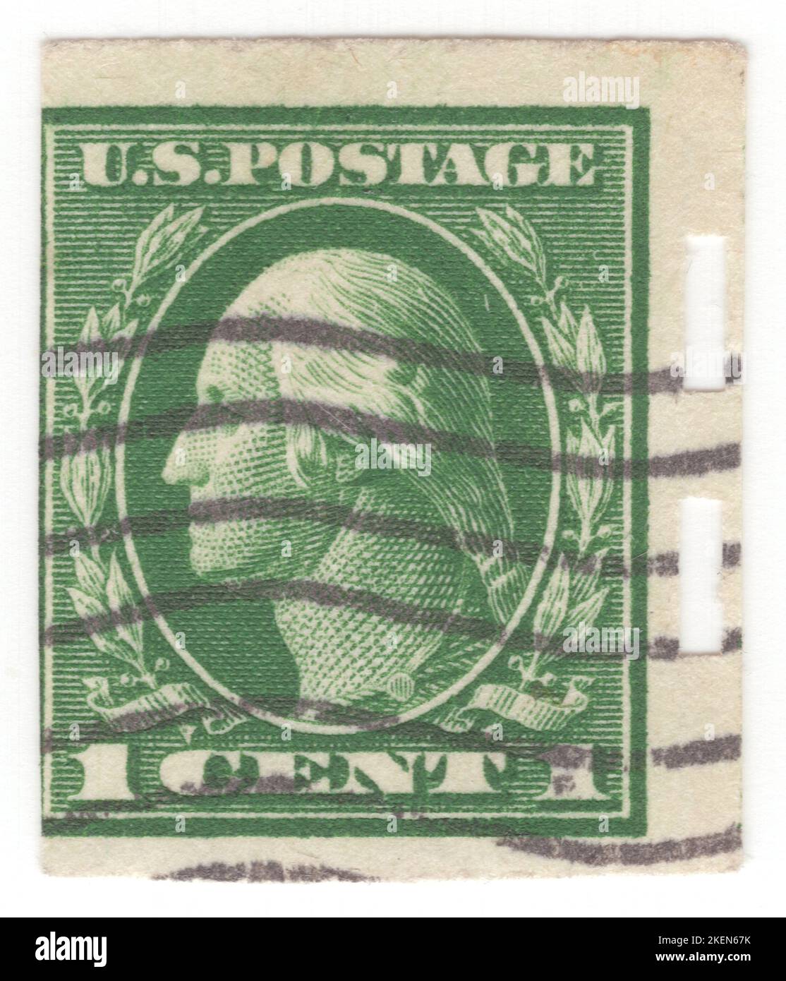 USA - 1908: An 1 cent green postage stamp depicting portrait of George Washington. American military officer, statesman, and Founding Father. Served as the first president of the USA. Shermack perforation. Appointed by the Continental Congress as commander of the Continental Army, Washington led the Patriot forces to victory in the American Revolutionary War and served as the president of the Constitutional Convention of 1787, which created the Constitution of the United States and the American federal government. Washington has been called the 'Father of his Country' Stock Photo