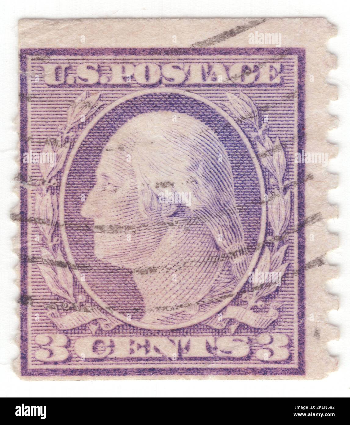 USA - 1916: An 3 cents violet postage stamp depicting portrait of George Washington. American military officer, statesman, and Founding Father who served as the first president of the United States from 1789 to 1797. Appointed by the Continental Congress as commander of the Continental Army, Washington led the Patriot forces to victory in the American Revolutionary War and served as the president of the Constitutional Convention of 1787, which created the Constitution of the United States and the American federal government. Washington has been called the 'Father of his Country' Stock Photo