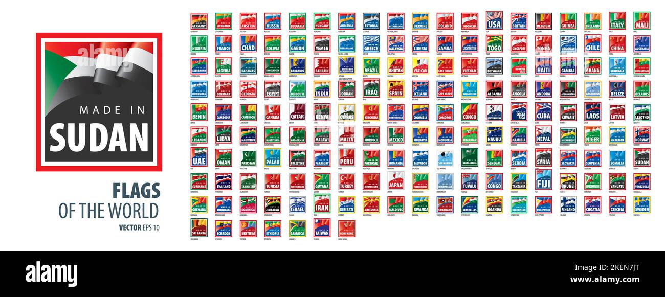 A set of vector icons with flags of countries and with the inscription made in Stock Vector