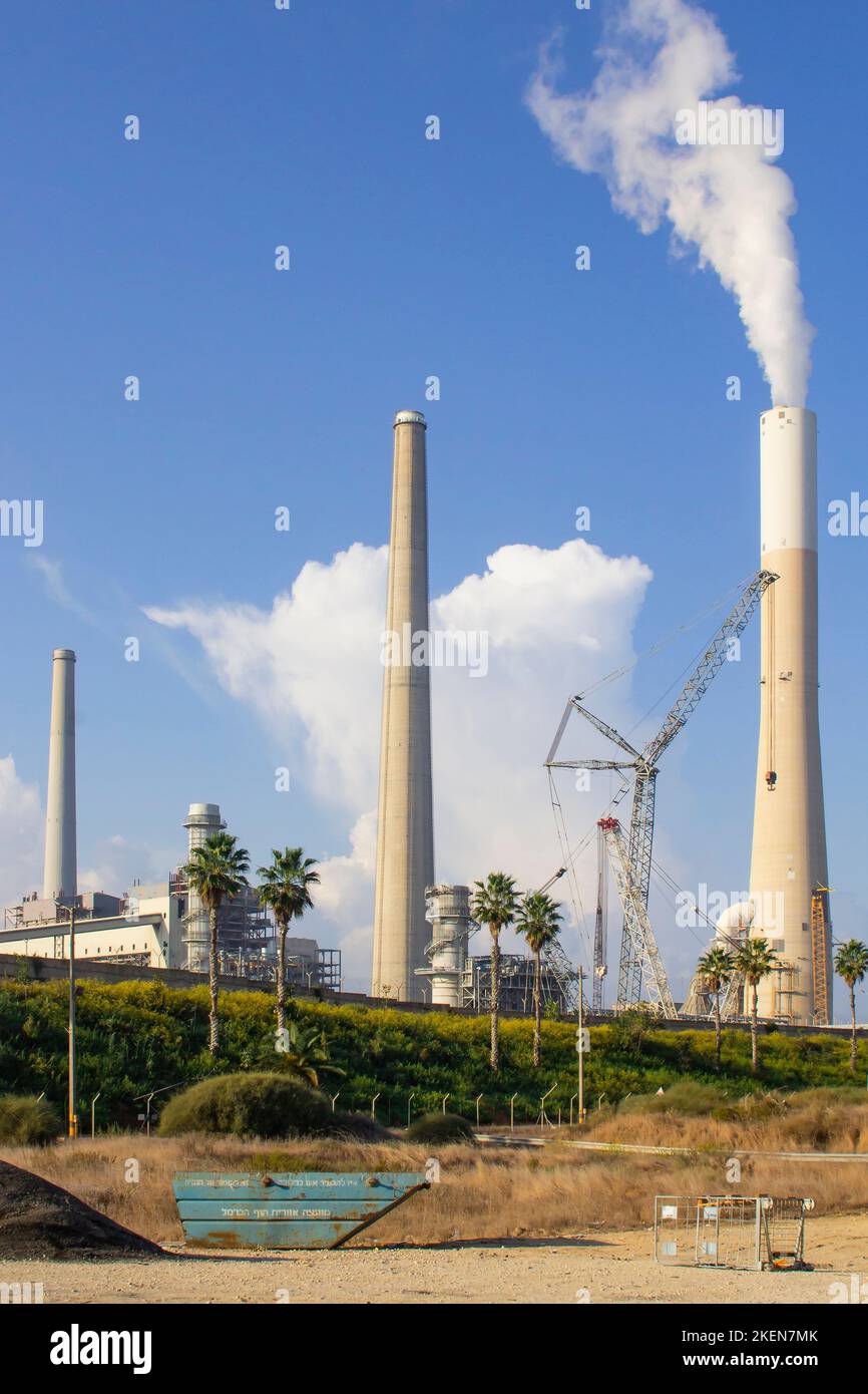 2 November 2022 Some of the smoke stacks at the Israeli Orot Rabin Power Plant located on the Mediterranean coast of Israel near Caeserea and about 50 Stock Photo