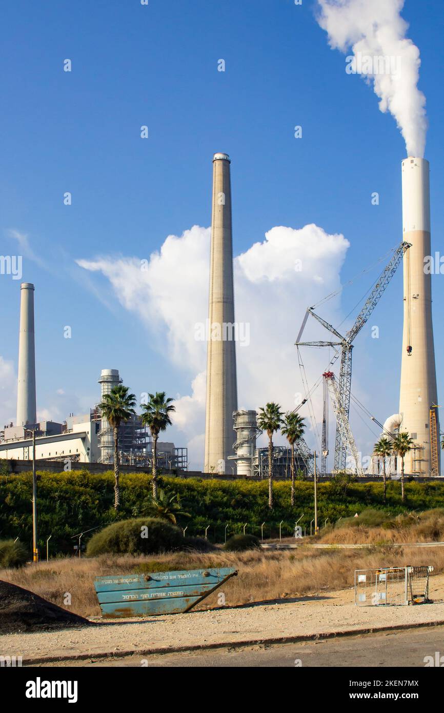 2 November 2022 Some of the smoke stacks at the Israeli Orot Rabin Power Plant located on the Mediterranean coast of Israel near Caeserea and about 50 Stock Photo