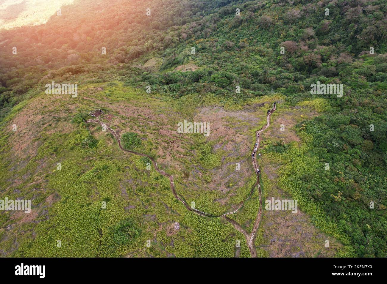 People in hiking path in Mombacho aerial drone view Stock Photo