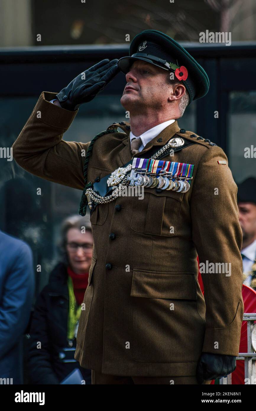 Hereford, UK. 13th Nov, 2022. An army officer makes a salute. Hereford