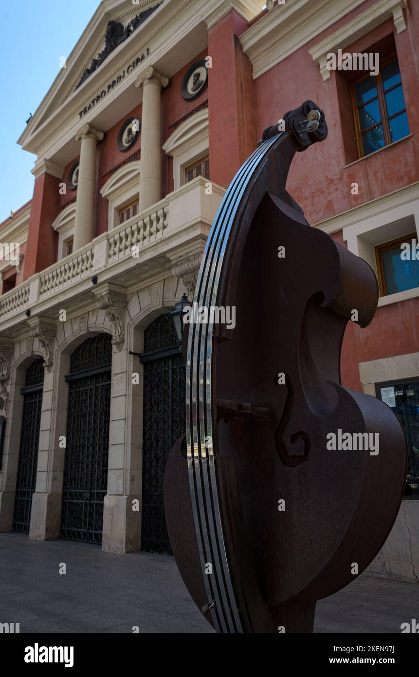 Facade of the main theater of Castellon de la Plana with the sculpture of a cello at the entrance, Spain Stock Photo