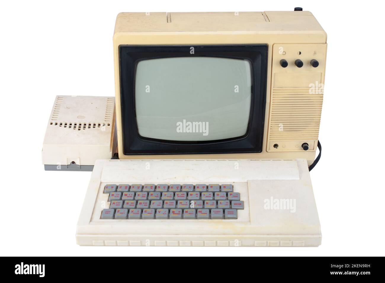 Hand made vintage 8 bit computer with monitor from tv set isolated on white Stock Photo