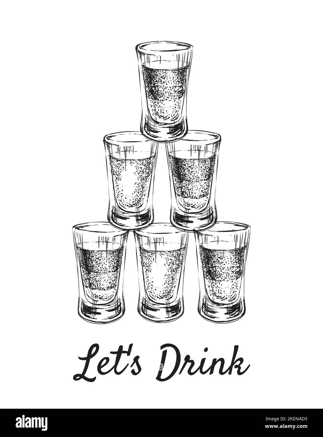 Lets Drink Alcoholic Drinks In Shot Glasses Hand Drawn Vector