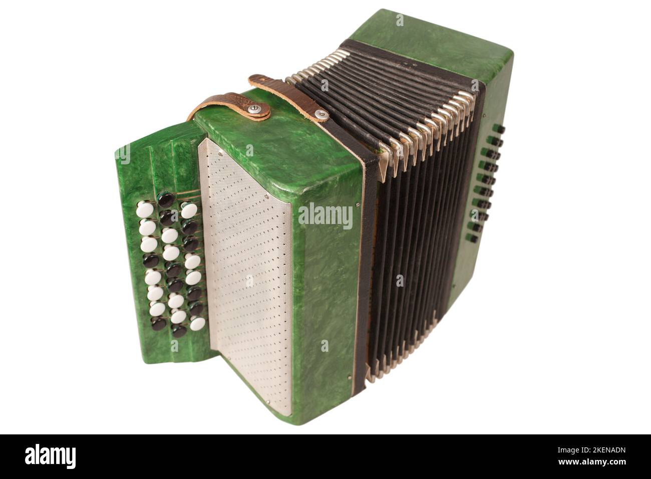 Small retro bayan (accordion). Folk musical instrument. Isolated on white background Stock Photo