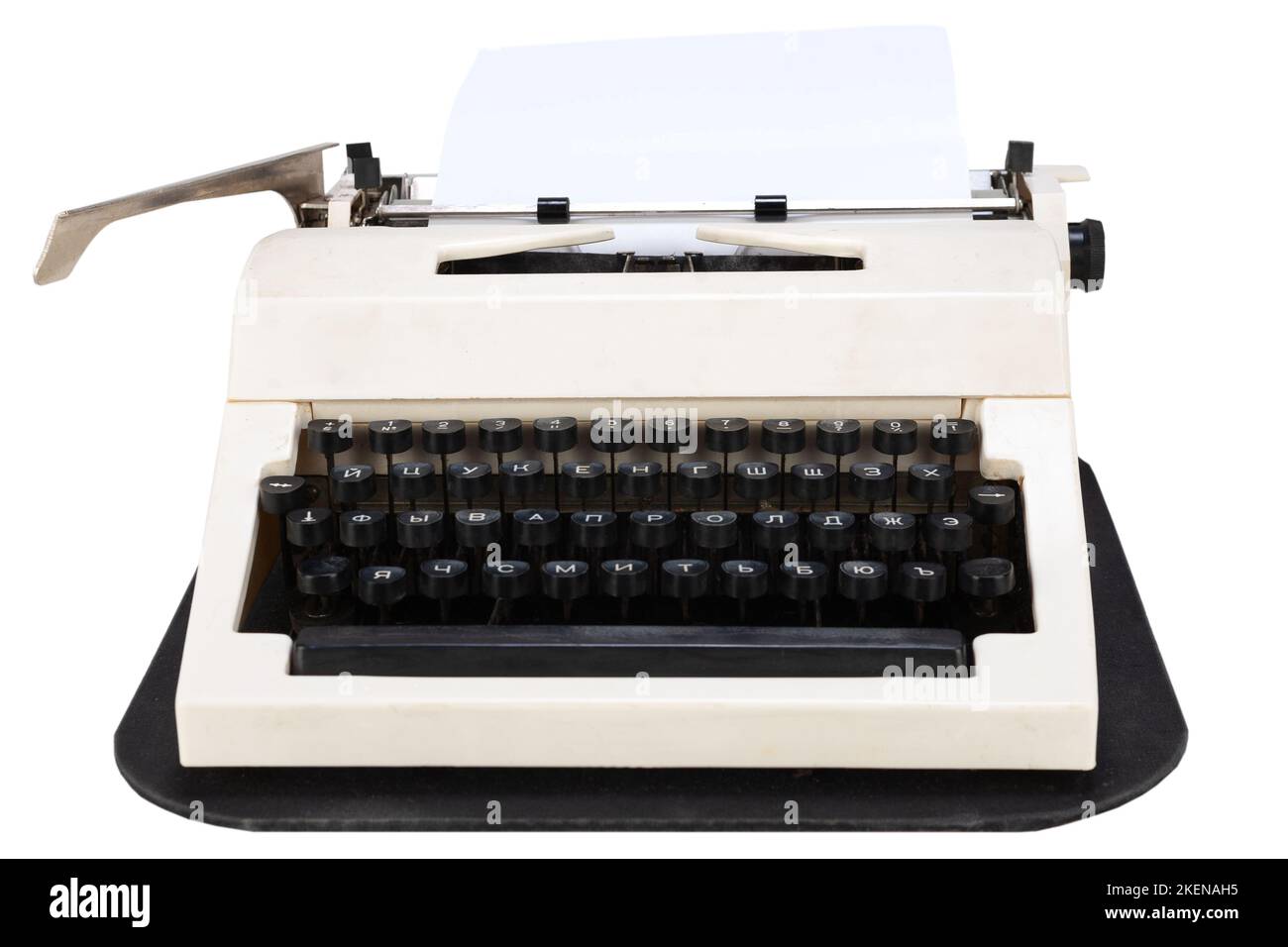 White typewriter with cyrillic keyboard layout USSR era isolated on