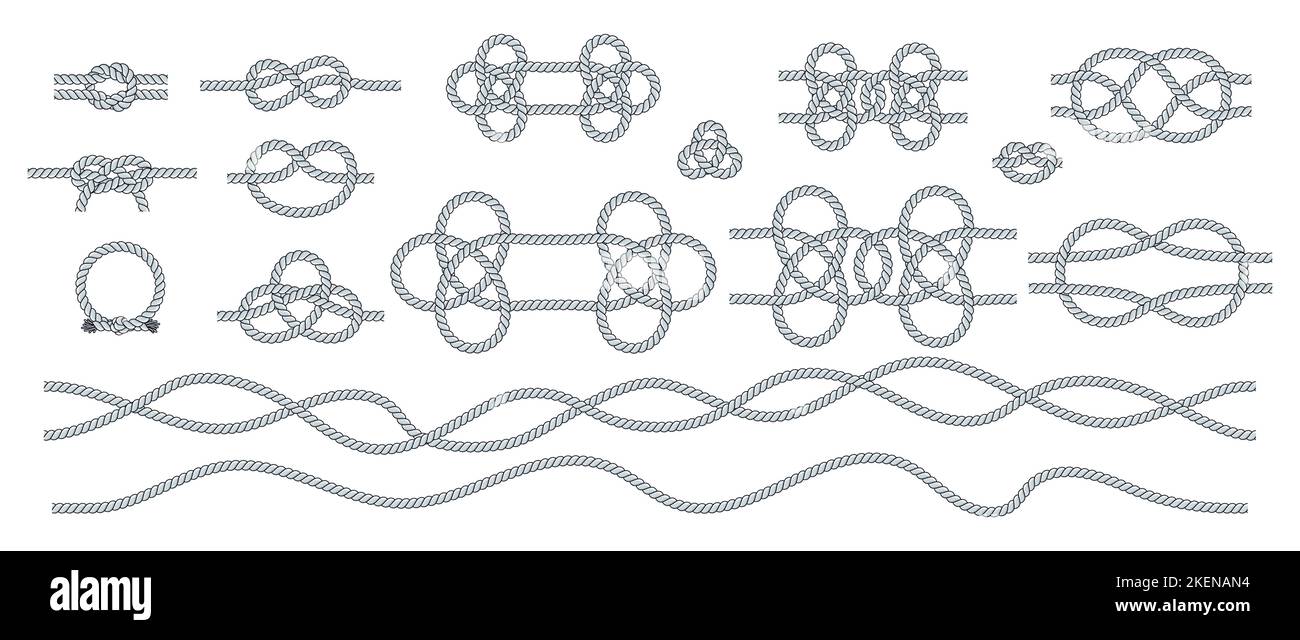 Set of rope knots. Nautical, travel and decorative loops. Twisted cord