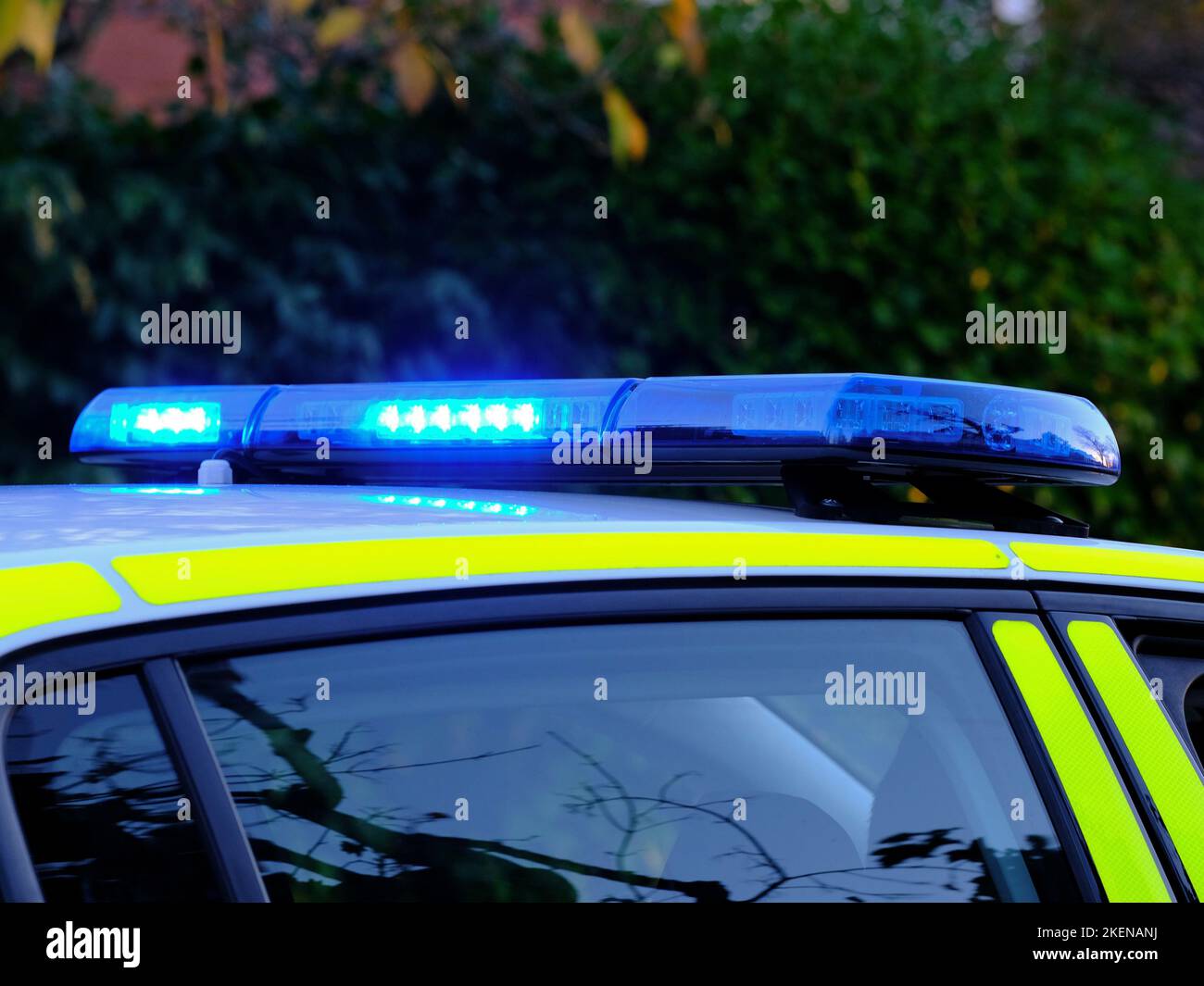 BLue lights on top of a police car.  Police force in the UK.  Crime and justice. Stock Photo