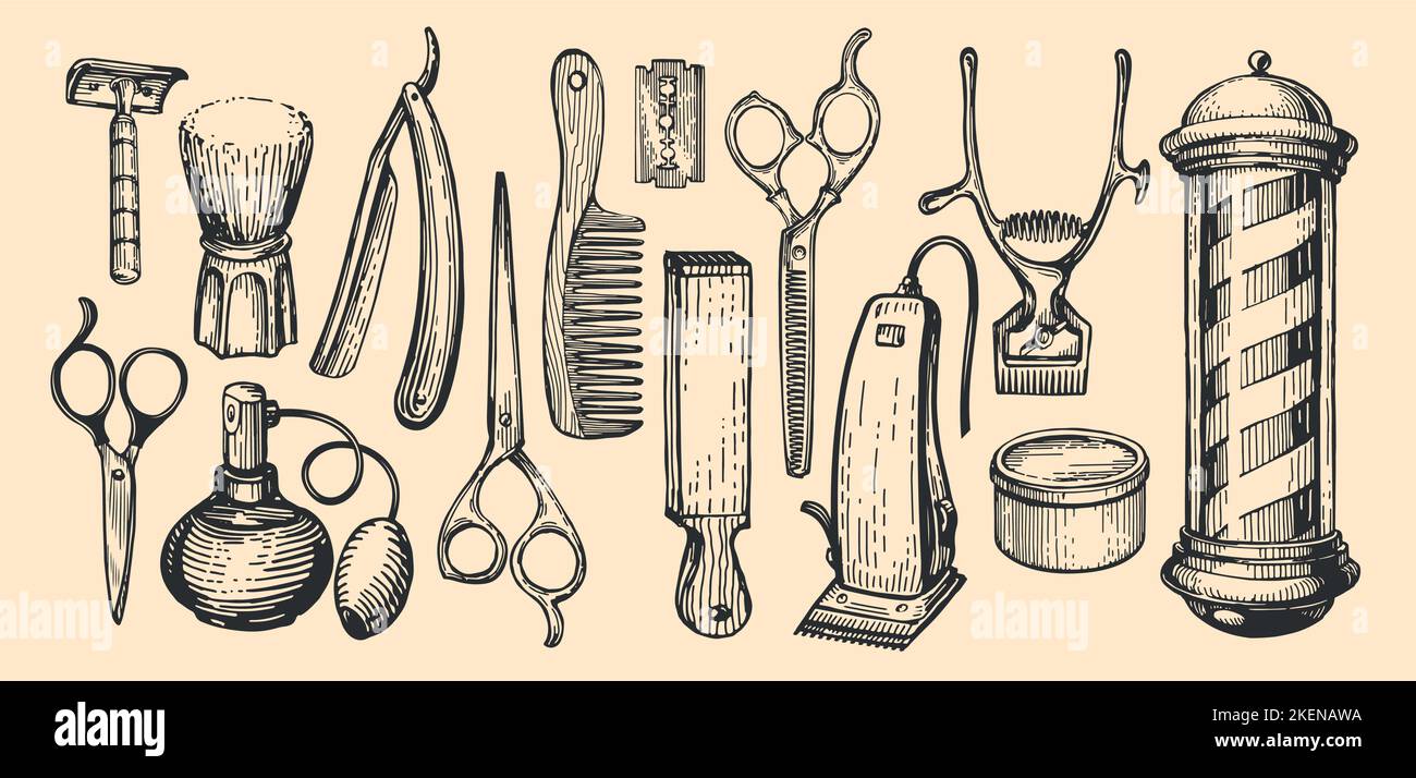 Vintage barbershop items. Barber retro tools for cutting hair, beard and mustache. Beauty salon vector illustration Stock Vector
