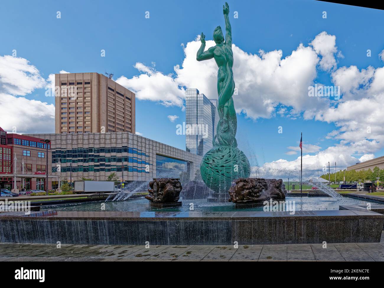 Mall A (l to r): Marriott at Key Tower, Global Center for Health Innovation, Courts Tower, Hilton, Fountain of Eternal Life, Public Auditorium. Stock Photo