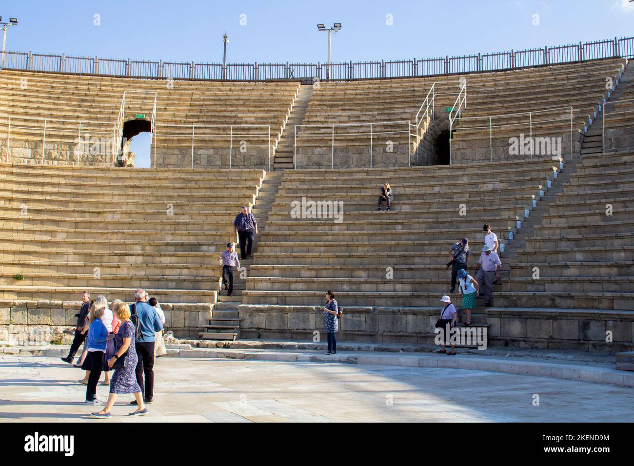 November 2022, Tourists in the ancient Roman amphitheater that forms part of Caeserea Maritima on the Mediterranean Coast of Israel. This magnificent Stock Photo