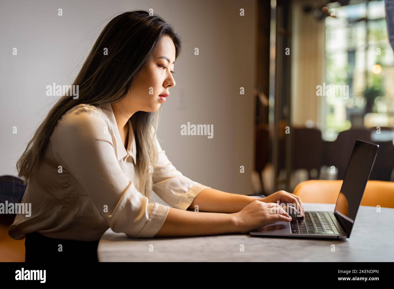Young Female Data Scientist Working on Her Laptop in a Conference Room Stock Photo