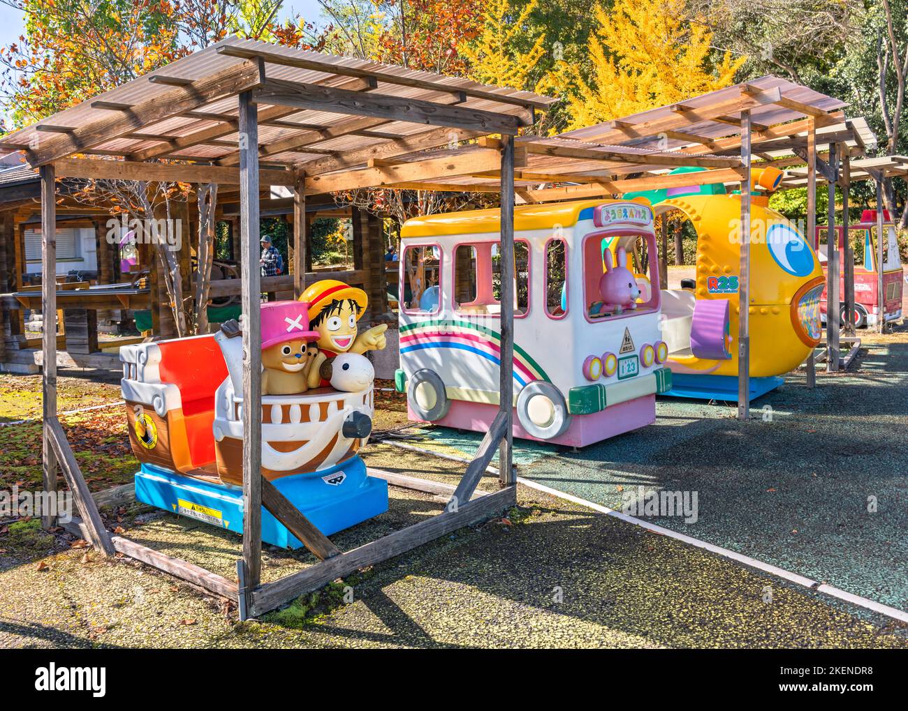 saitama, chichibu - nov 2 2022: Retro juvenile or kiddie rides of the characters Luffy and Chopper of the japanese manga and anime series One Piece on Stock Photo