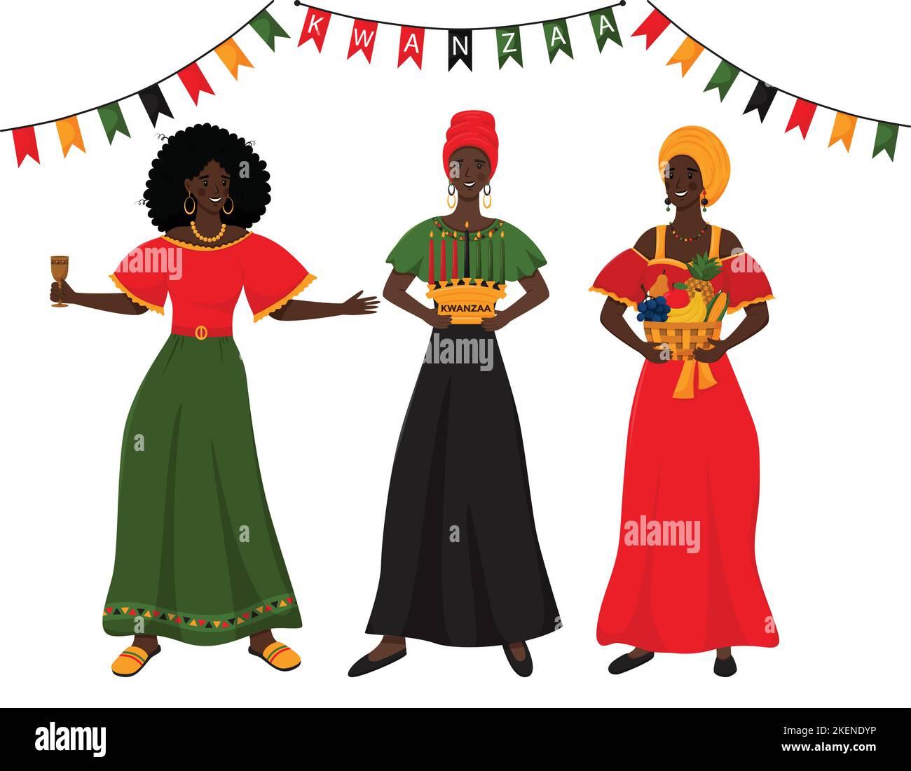 Three young african women holding in their hands traditional symbols of Kwanzaa - Unity Cup - Kikombe Cha Umoja, Basket with fruits - Mazao, Candle ho Stock Vector