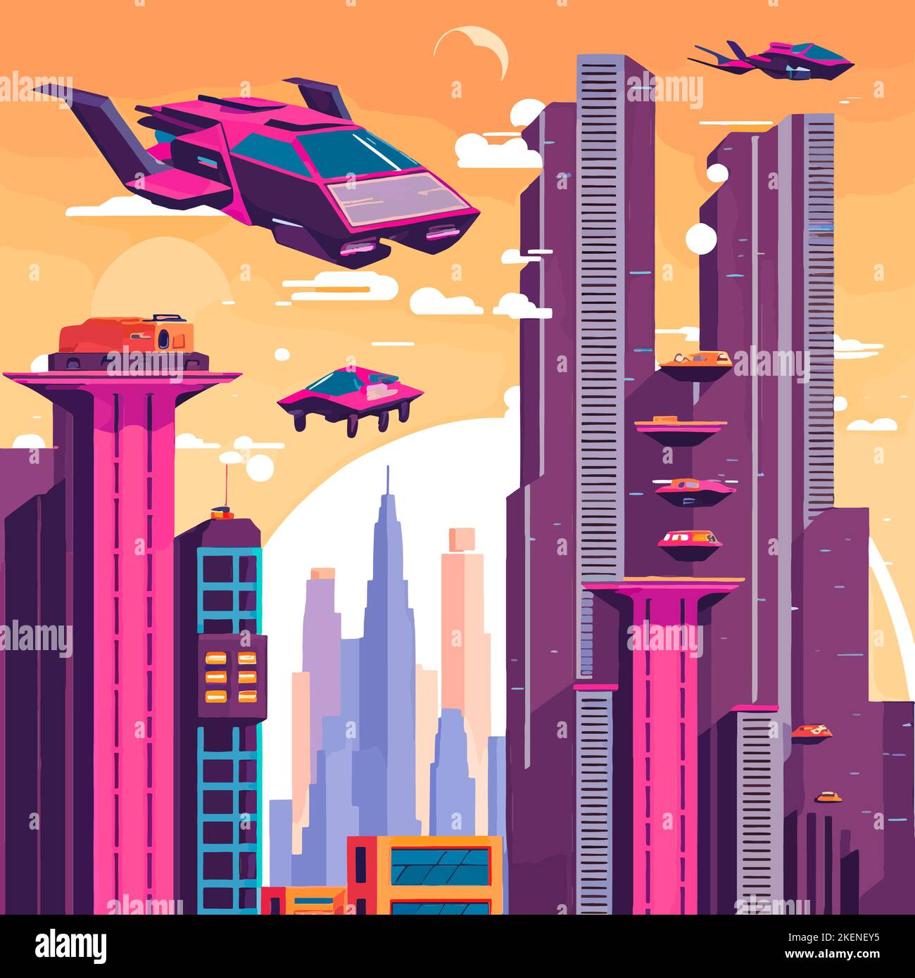 A view of a futuristic cyberpunk city with flying cars Stock Vector ...