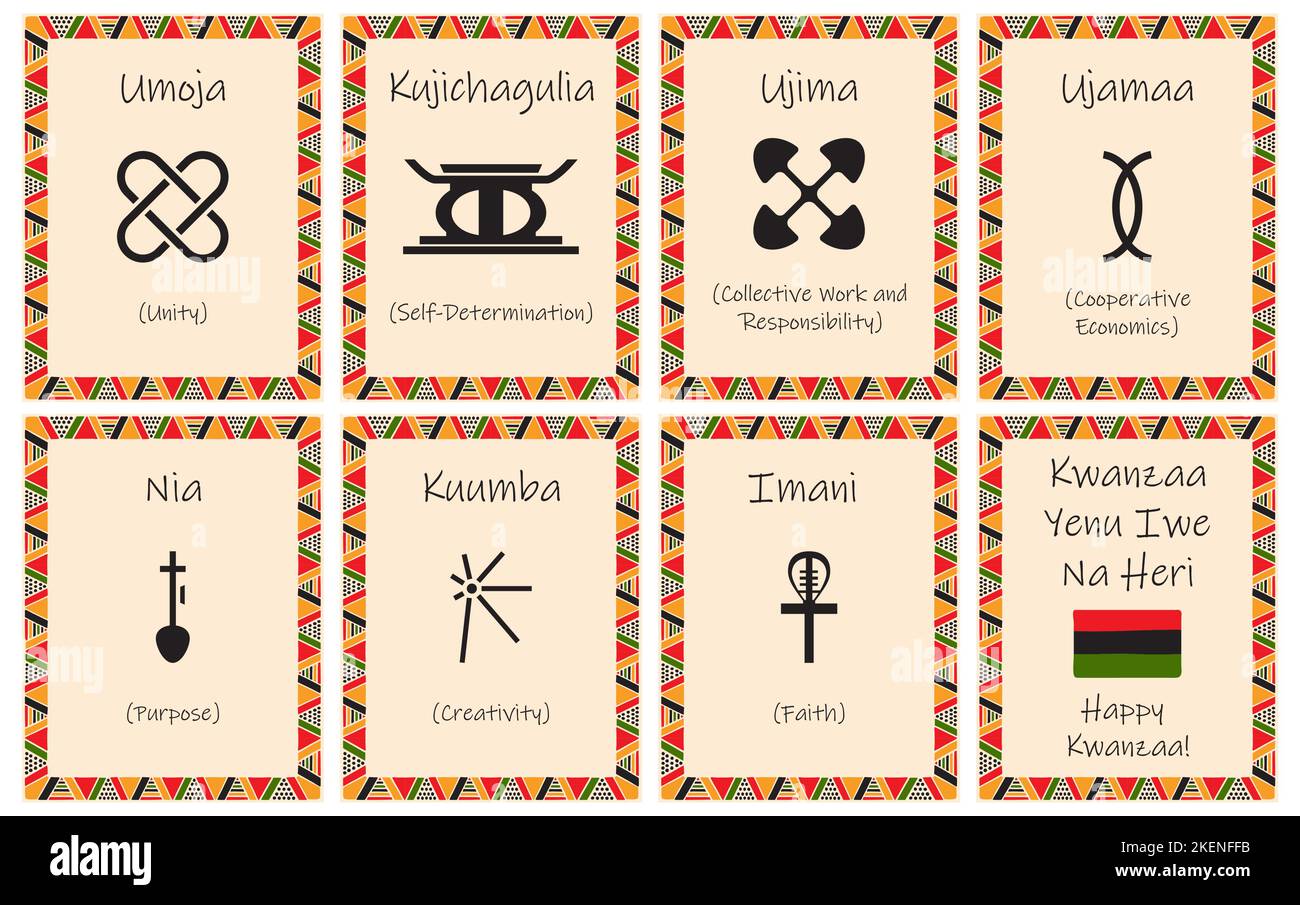 A set of cards with seven signs of the Kwanzaa principles. Symbol with names in Swahili. Poster with an ethnic African pattern in traditional colors. Stock Vector