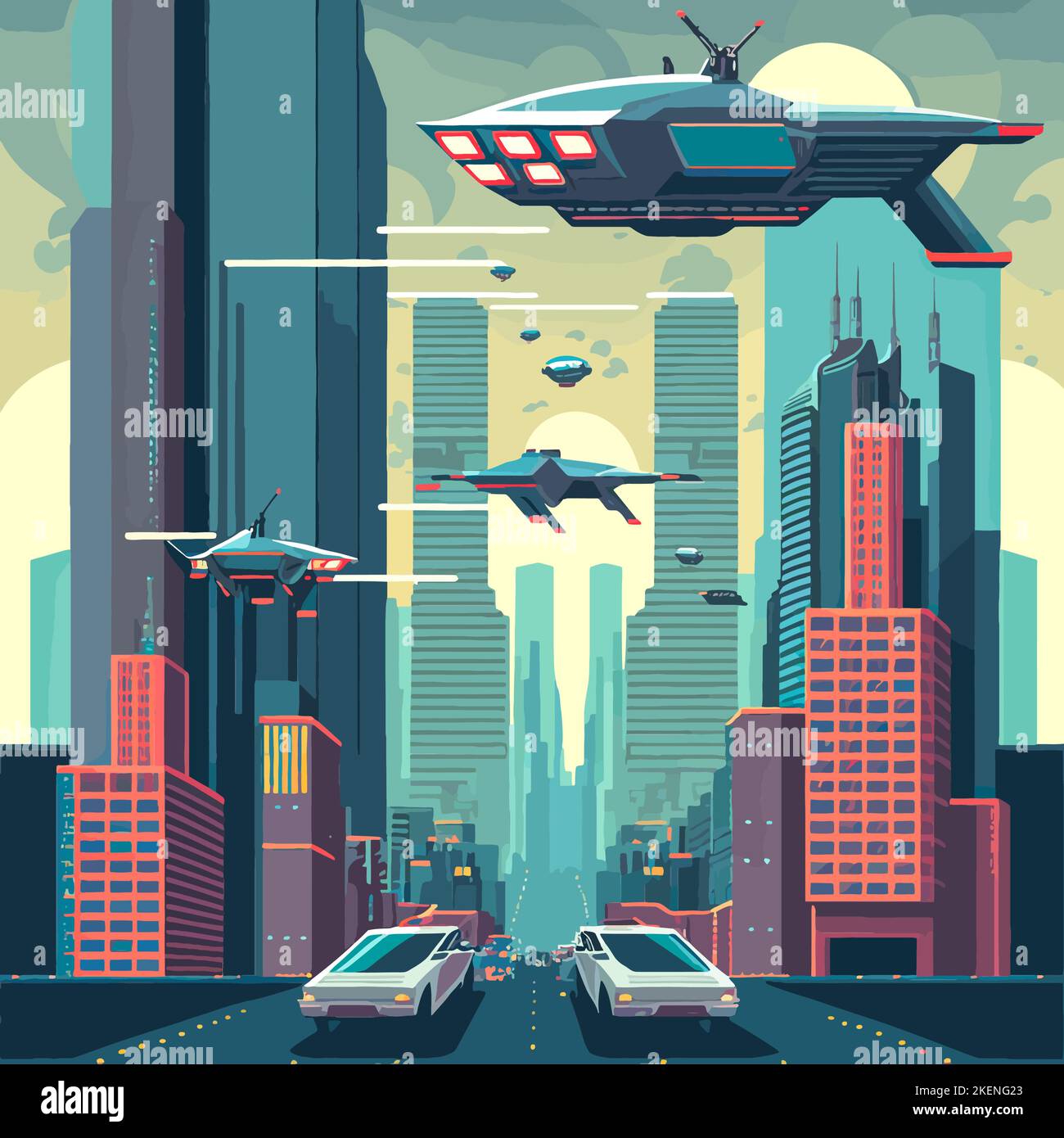 A view of a futuristic cyberpunk city with flying cars Stock Vector