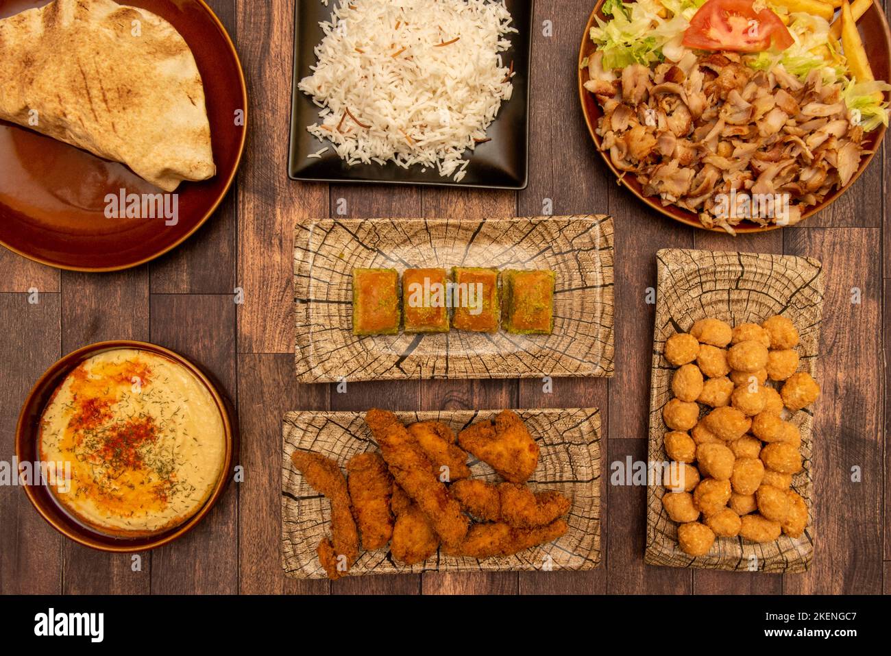 Set of kebab restaurant food dishes with mixed lamb and chicken meat