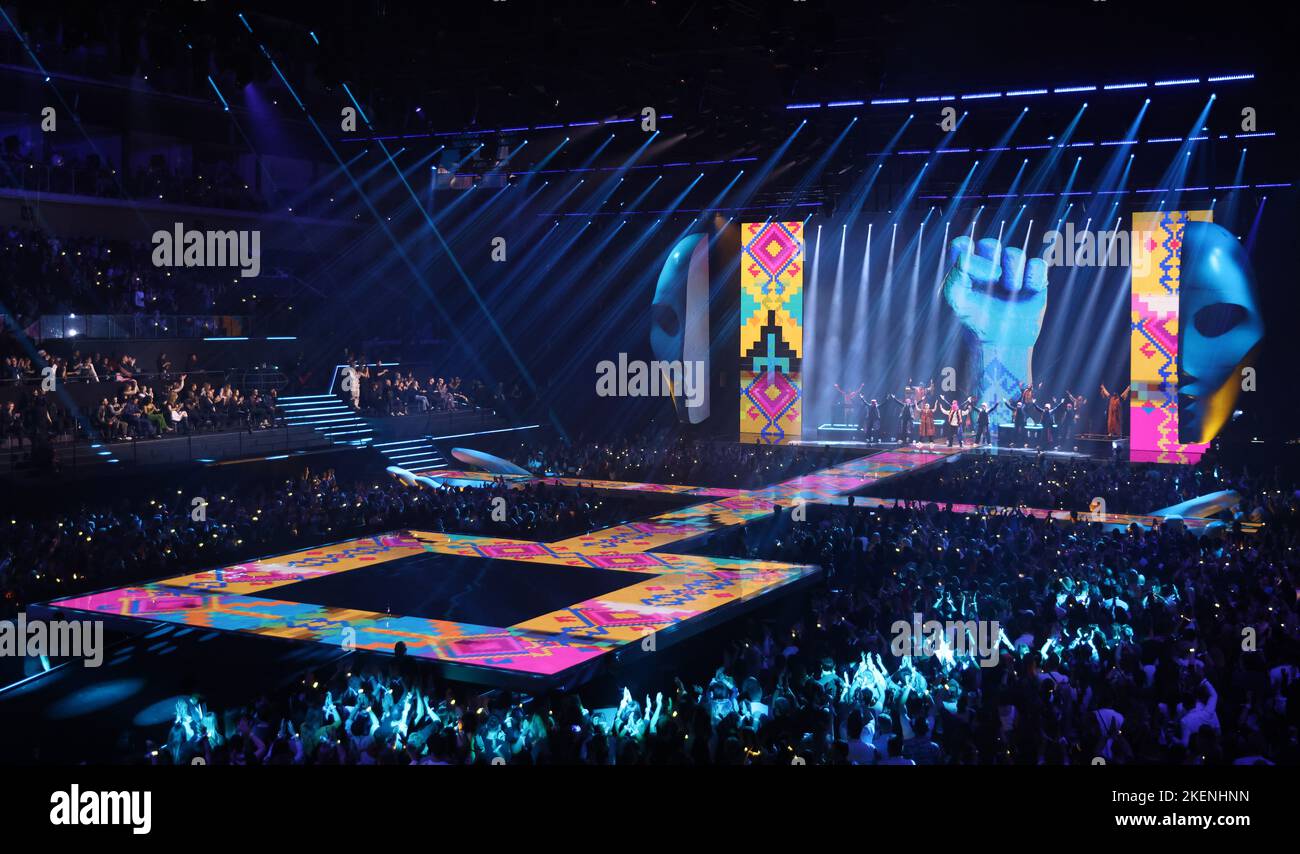 Duesseldorf, Germany. 13th Nov, 2022. Ukrainian group Kalush Orchestra at the MTV Europe Music Awards ceremony at PSD Bank Dome. Credit: Rolf Vennenbernd/dpa/Alamy Live News Stock Photo