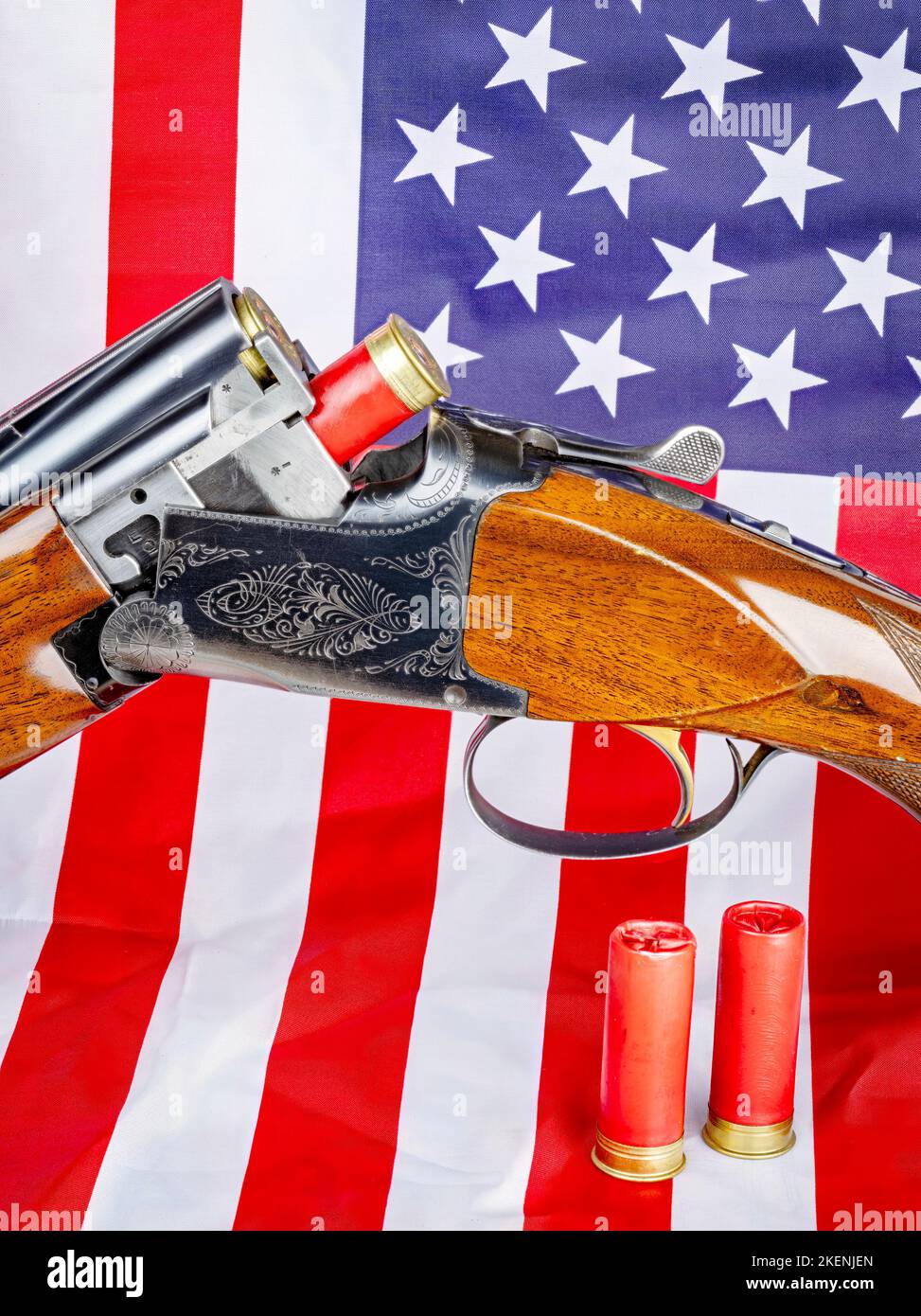 American flag and fancy shotgun with shells Stock Photo - Alamy