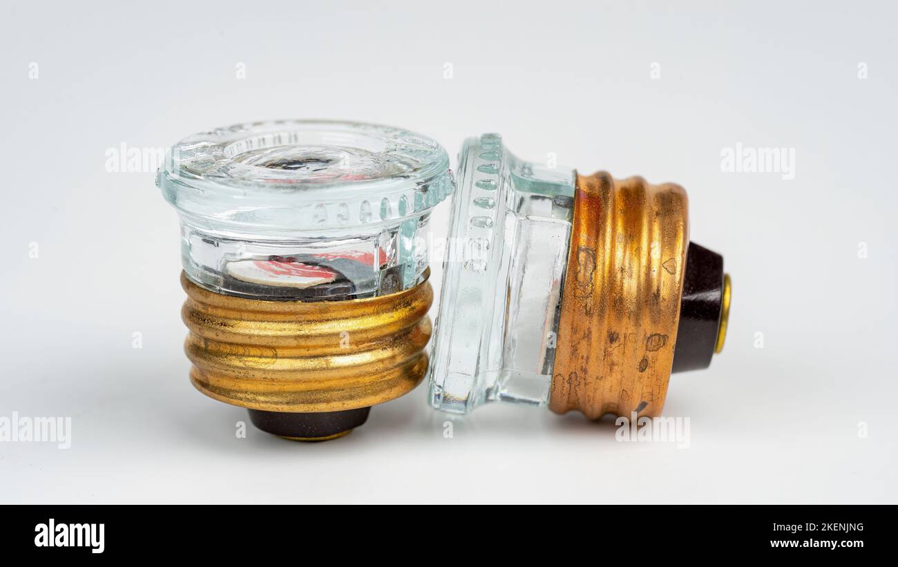Antique home fuses made of glass and brass Stock Photo Alamy
