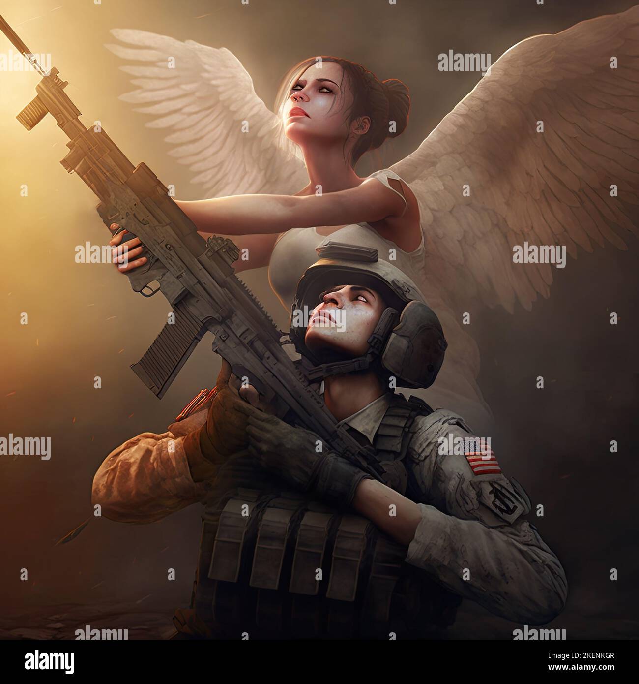 Beautiful angel lifting up a dead American soldier. Concept of remembrance of casualties of war and heroes of American resistance army. 3D Stock Photo