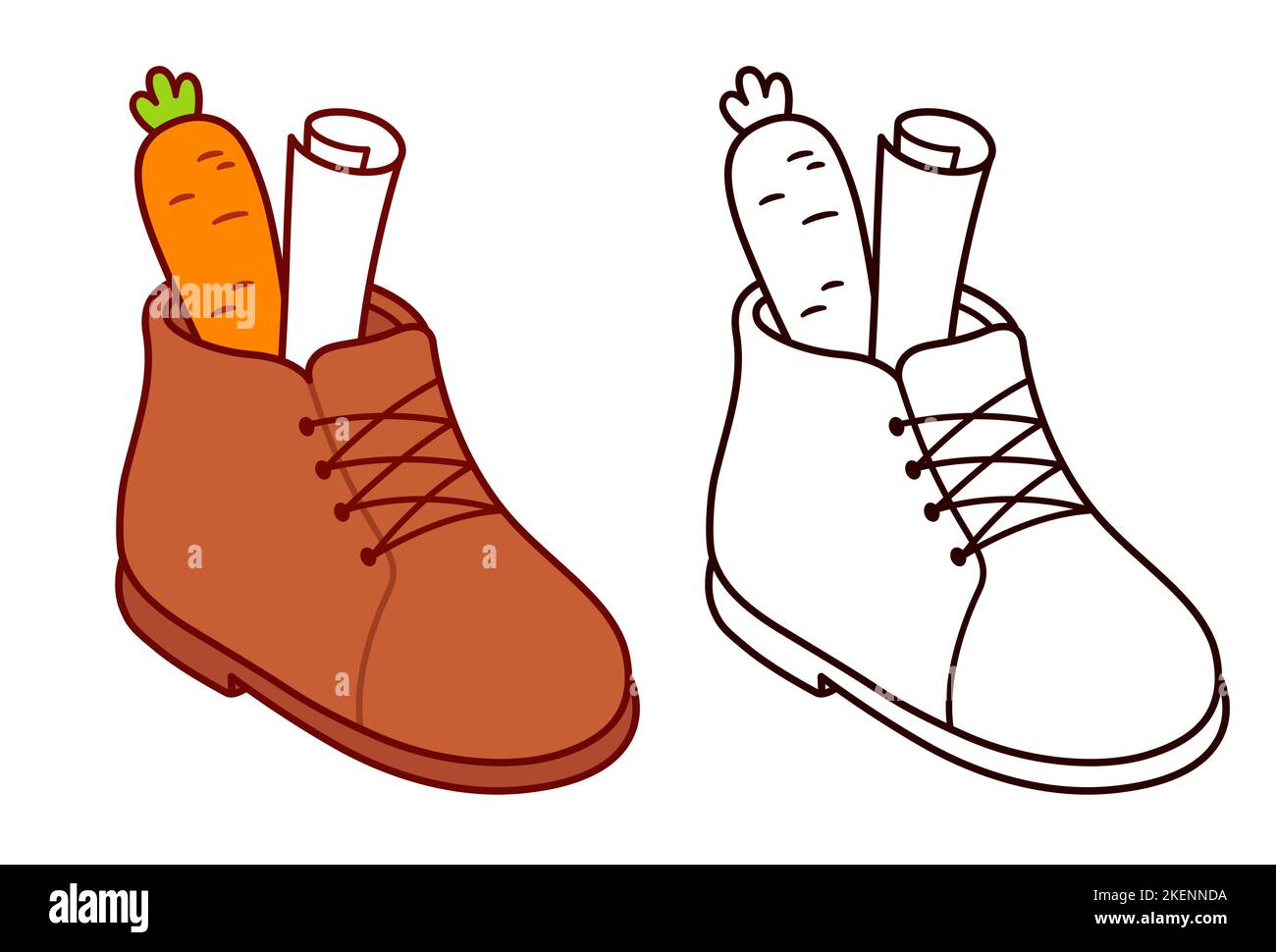 Sinterklaas (Saint Nicholas) Day tradition, carrot with letter in shoe. Cartoon drawing and black and white line art for coloring. Vector illustration Stock Vector
